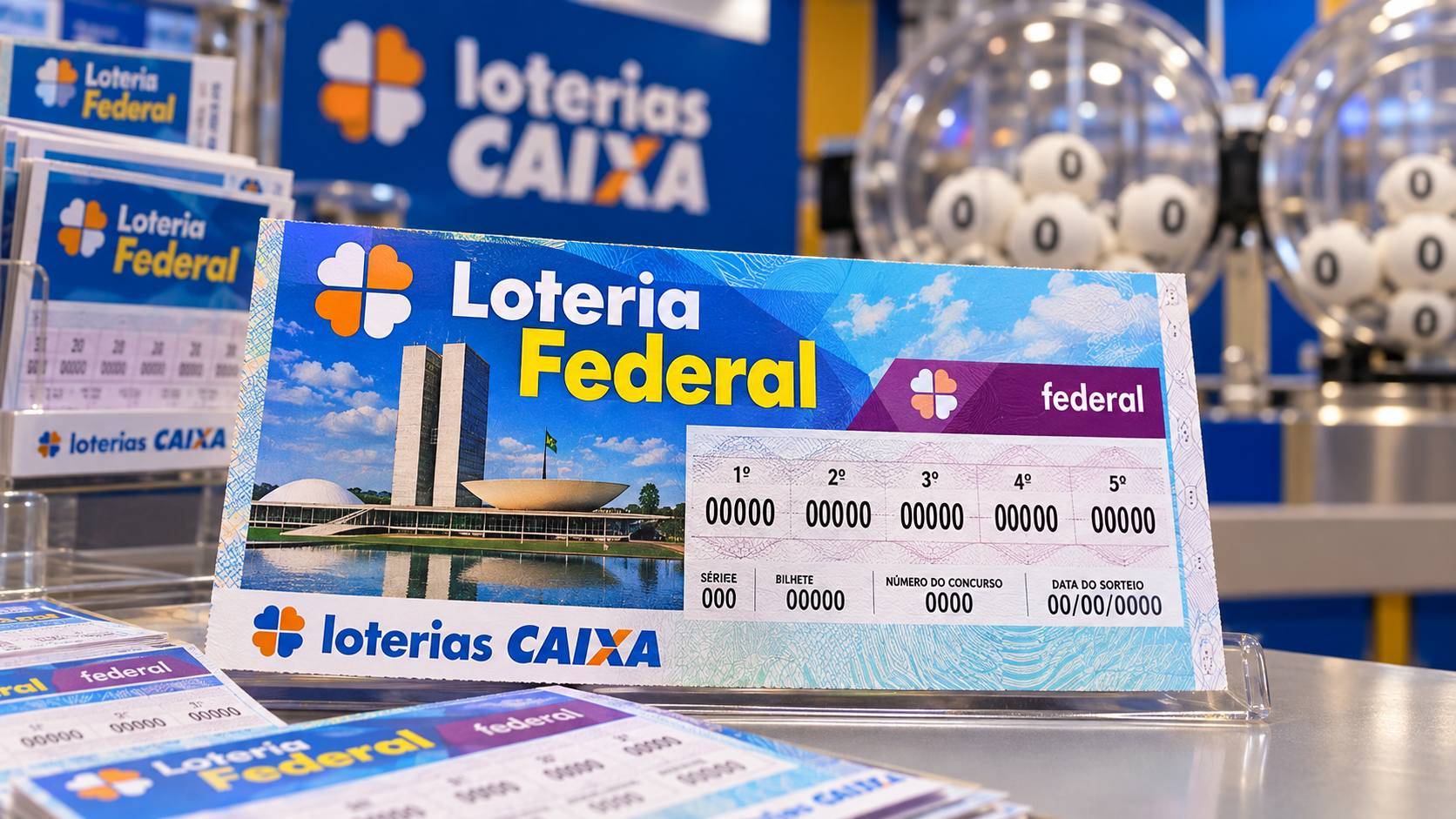 Bilhetes da Loteria Federal com números e valores ilustrativos.
