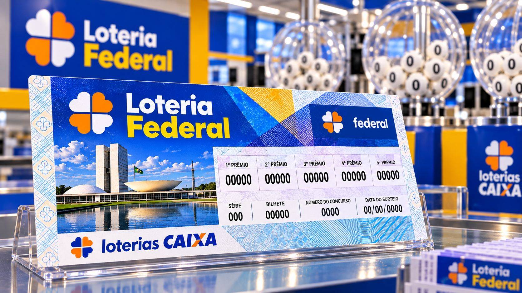 Bilhetes da Loteria Federal com números e valores ilustrativos.