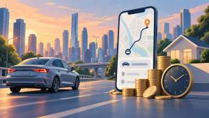 Ilustração de carro de aplicativo em área urbana, com celular exibindo rota, moedas, relógio e casa ao fundo