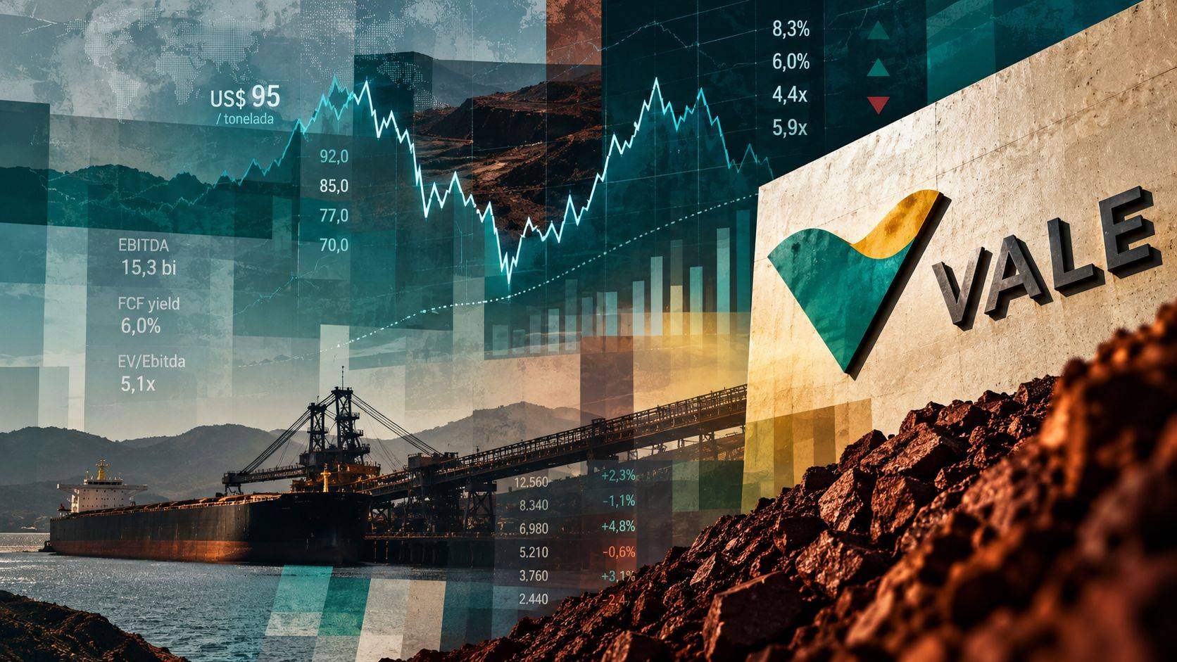 Vale, mineração e gráficos financeiros em composição ilustrativa sobre VALE3