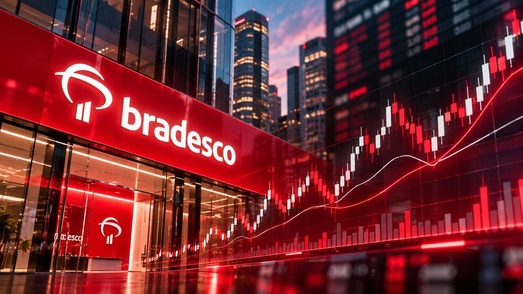 Fachada do Bradesco com gráficos de mercado em alta ao fundo, representando a valorização das ações BBDC4.