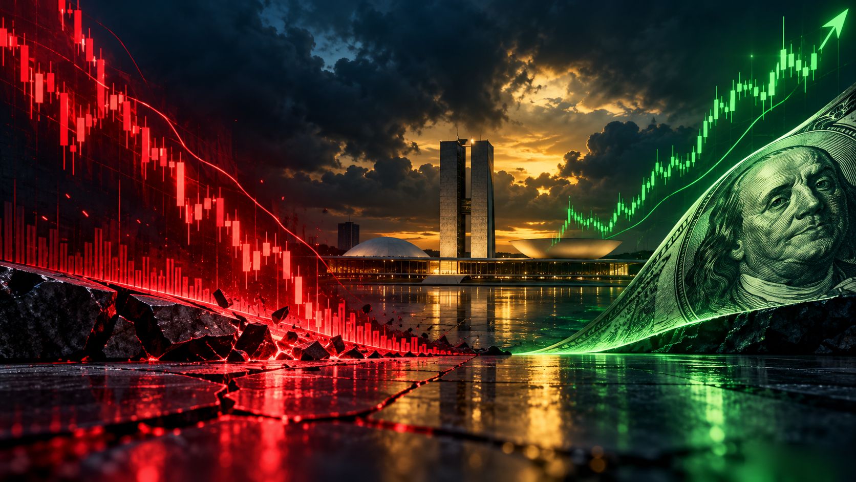 Ilustração conceitual mostra Ibovespa em queda e dólar em alta no pós-eleição, em cenário de forte volatilidade nos mercados.
