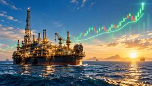 Plataforma de petróleo em alto-mar com gráfico de candles em forte alta ao fundo, representando a disparada das ações da Petrobras.