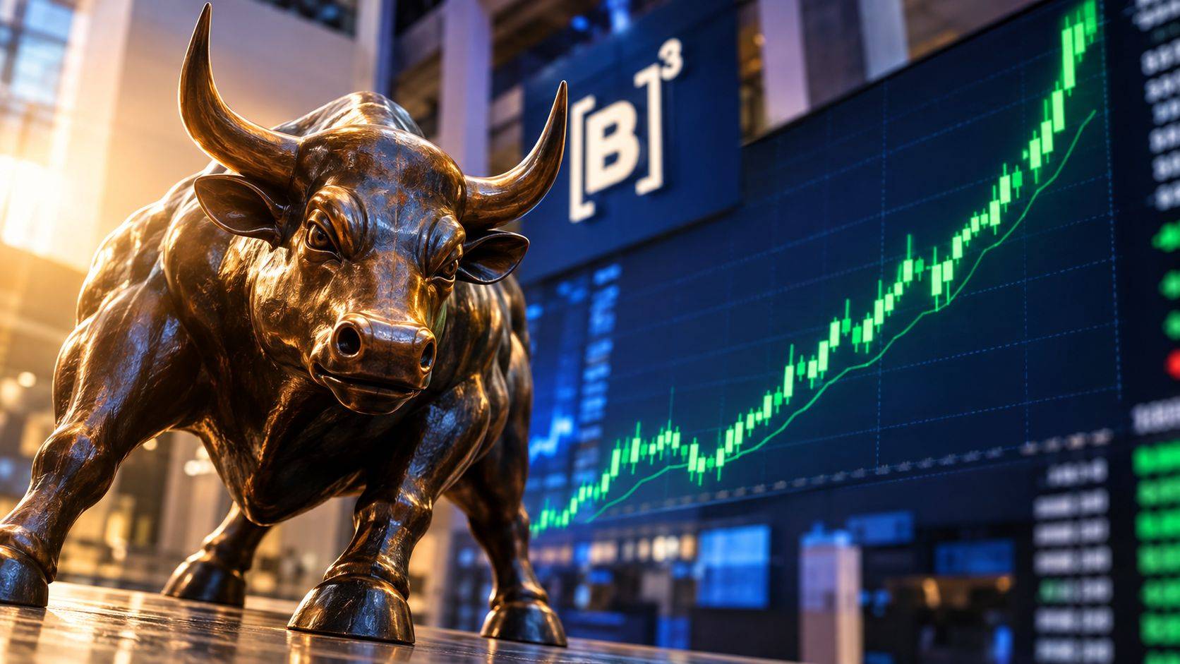 Touro de bronze diante de gráfico de alta em tela de mercado, simbolizando a forte valorização do Ibovespa.