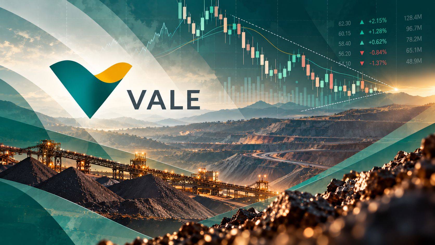 Vale, mineração e gráficos financeiros em composição sobre VALE3